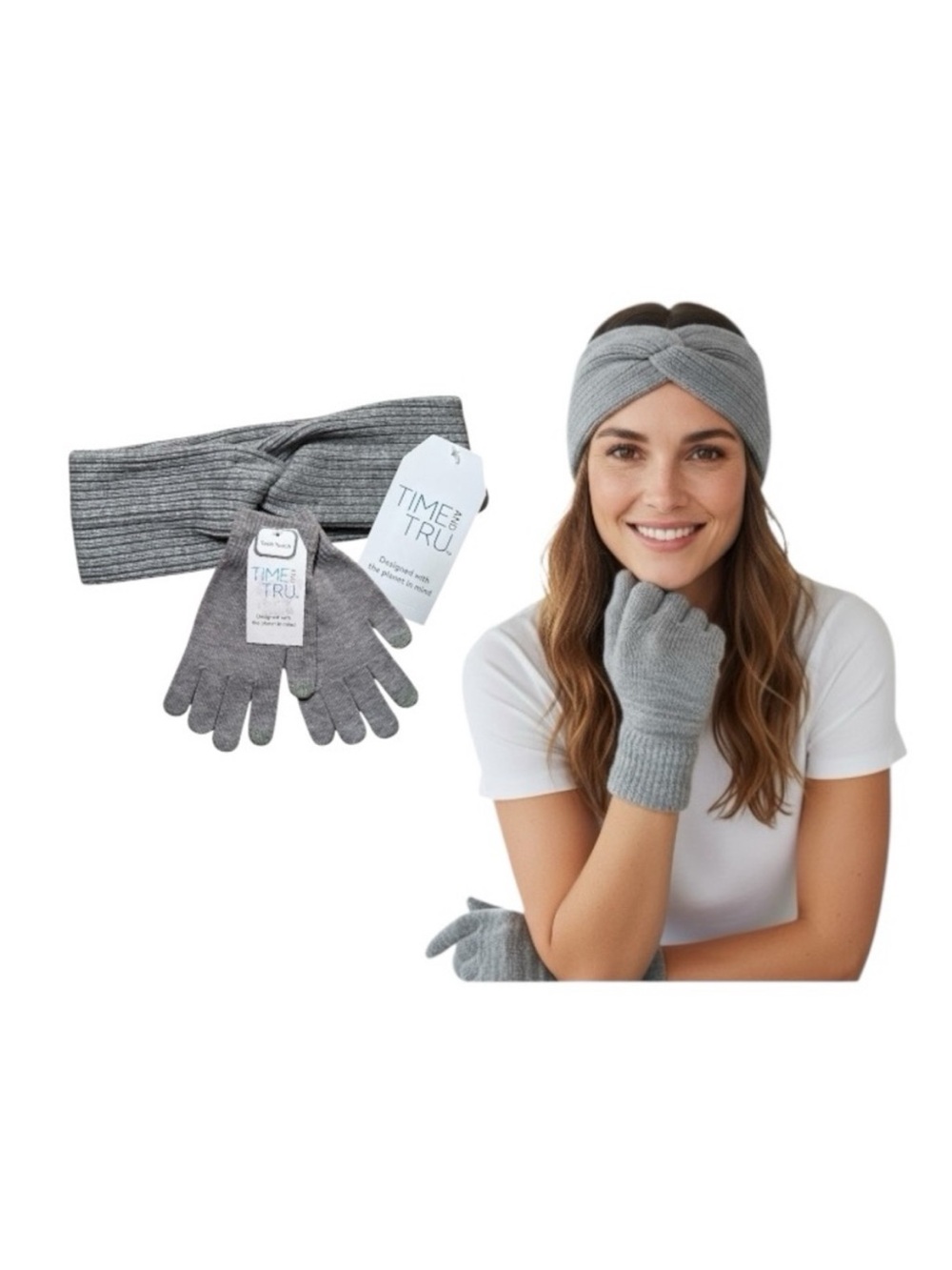 Time And Tru Gray Heather Gloves And Headwrap